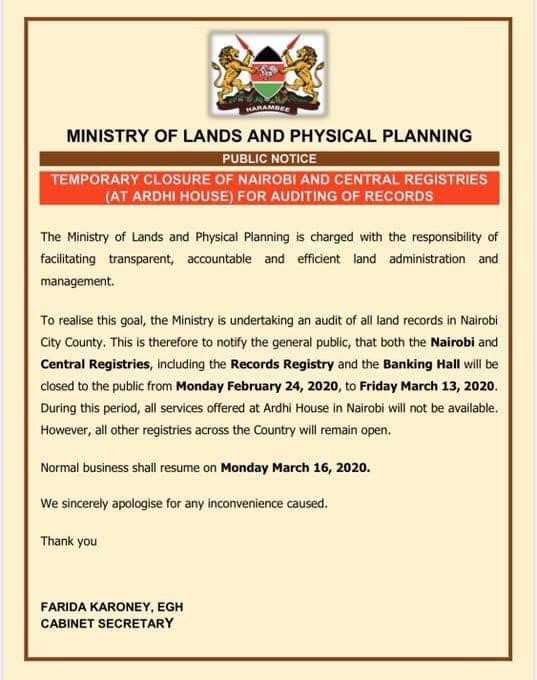 Temporary closure of Nairobi and central registries at Ardhi House
